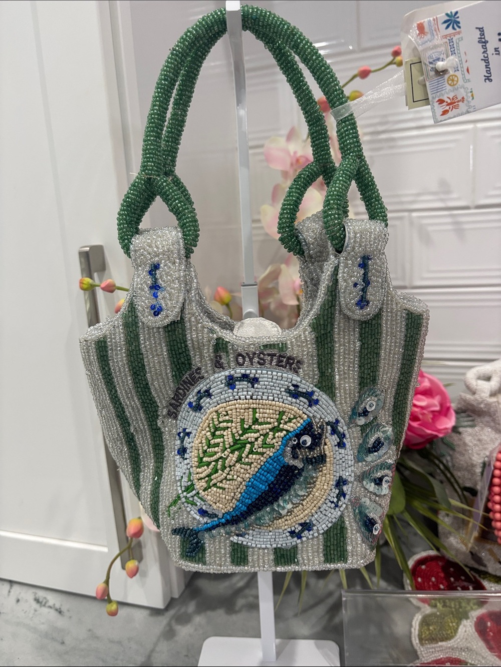 Beaded Striped Mini purse with Fish sardine theme in Green & Silver